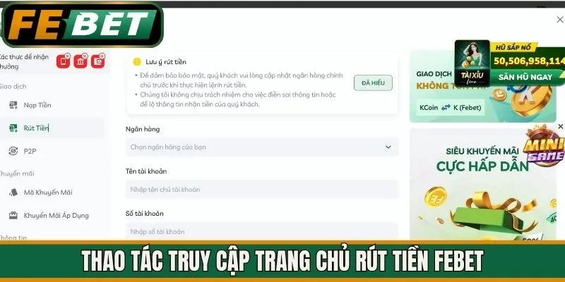 Thao tác truy cập trang chủ rút tiền FEBET